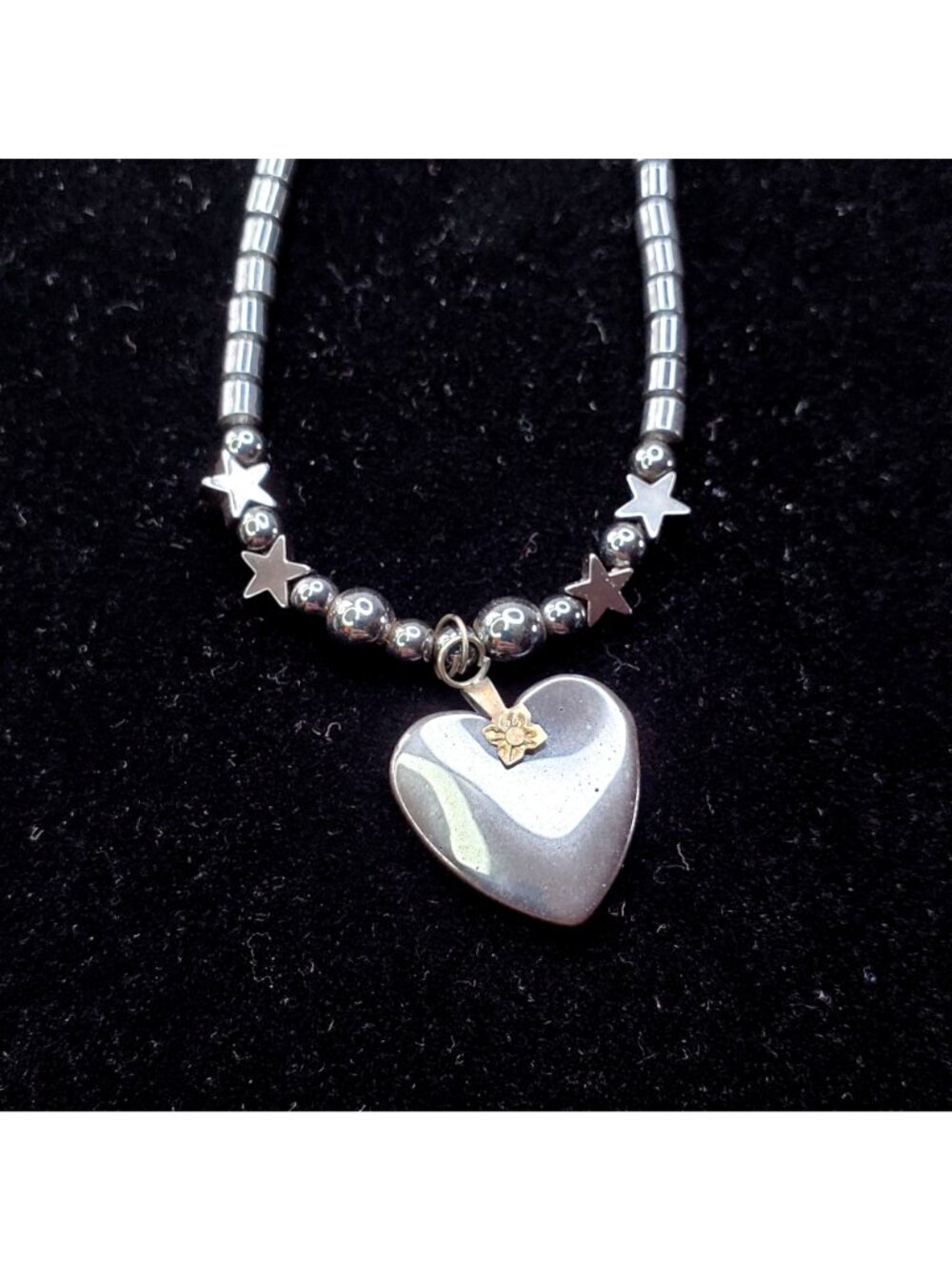 Silver Grey-Tone Hematite Beaded Bracelet With Heart Charm & Star Accents - Picture 2 of 6